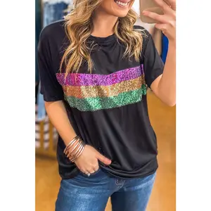 Black Sequin Stripes Patchwork Mardi Gras Tee