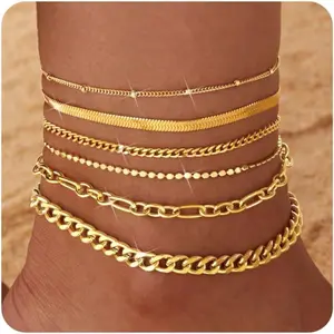 6-Piece Set Women's Waterproof Gold Anklets - Women's Gold-Plated Anklets Non-Tarnish Hypoallergenic Stainless Steel Cuban Chain Anklet Set Layered Beach Jewelry Gift Adjustable