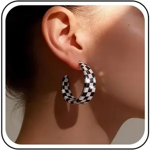 Black White Striped Earrings  Checkered Earrings Checkerboard Dangle Earrings Striped Checkered Hoop Earrings Jewellery for Women