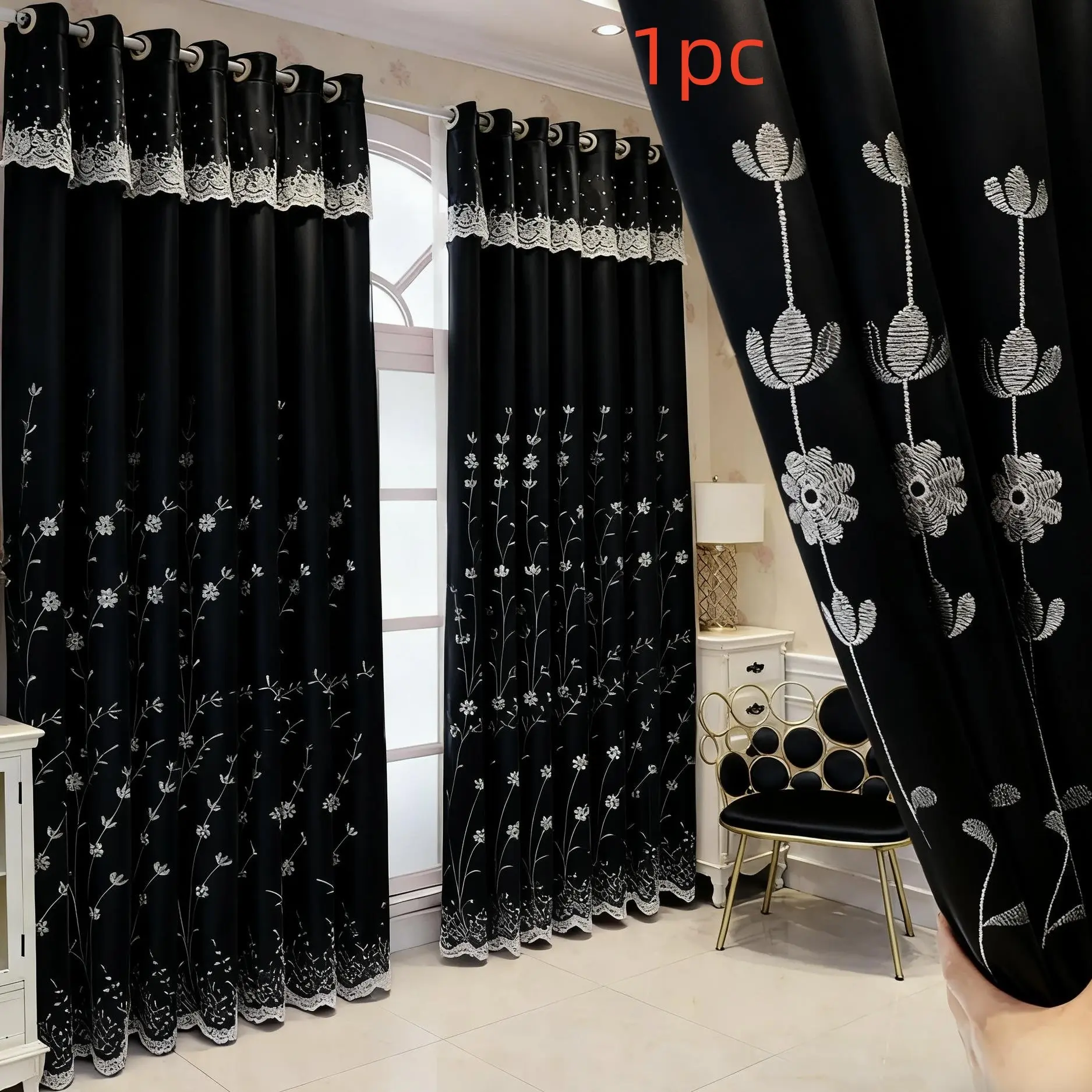 European Elegant Floral Embroidered Blackout Window Cover Curtain, 100% Light Blocking, Dual Layer Window Treatment, Home Decoration Curtain for Bedroom Office Kitchen Living Room Decor, Blackout Bedroom Curtains