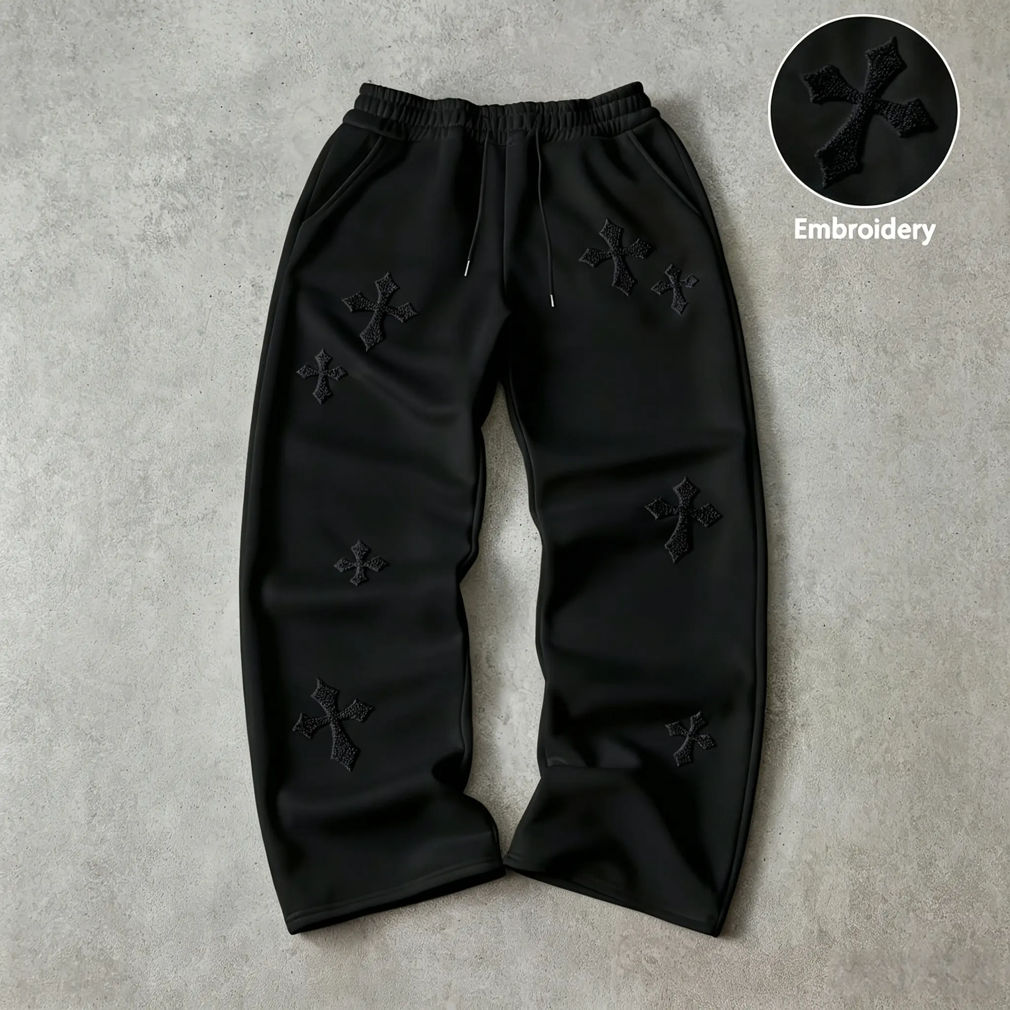 Men's Streetwear Sweatpants with 3D Cross Embroidery, High-Waist Wide-Leg Design with Drawstring in Smooth Drapey Fabric, Menswear