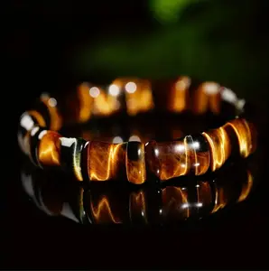 Natural Tiger's Eye Handmade Bamboo Beaded Bracelet Stretch Feng Shui Men Women Bangle Bracelet