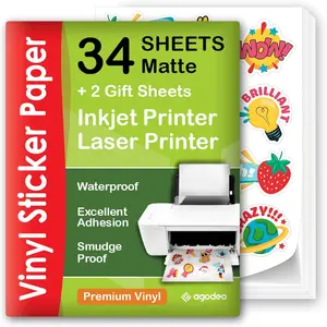 Premium Printable Vinyl Sticker Paper for Inkjet Printer - 34 Self-Adhesive Sheets Matte White Waterproof, Dries Quickly Vivid Colors, Holds Ink Well, Tear Resistant