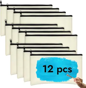 PEASUG Canvas Pencil Pouch, 12 Pack Blank Canvas Zipper Pouch Makeup Bag Bulk, Canva Pouch Cosmetic Bags with Zipper Sublimation Pencil Case Blanks for DIY Craft, Travel, Organized