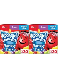 Kool-Aid Jammers Drink, 30 Pouches, for School Lunches and On-the-Go Hydration, Artificially Flavored Tropical Punch, Grape and Cherry Flavors, 6 fl oz