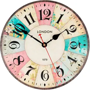 Vintage 14-in Round Mechanical Wooden Flower Wall Clock with Glass Design, Silent Quartz Hangable Wall-Mounted Clock, Blush Pink Floral Home Decor for Girls' Bedroom, Living Room, 14 Inch, Hangable Wall Clocks