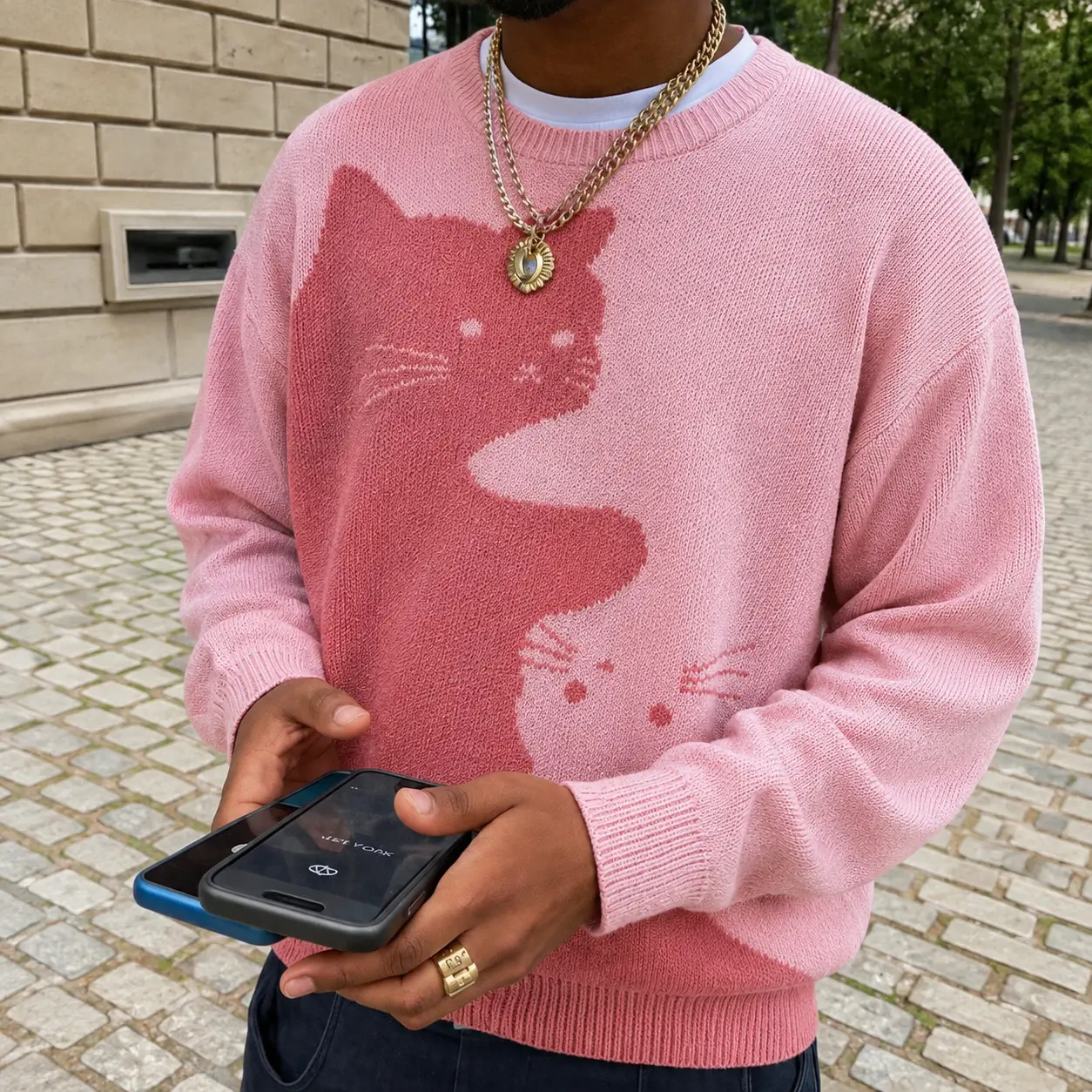 Unisex Oversized Cat Graphic Sweater. Cute Matching Couples & Besties Crewneck Knitwear. Aesthetic Y2K Kitty Print Pullover Top. Cozy Preppy Fall Winter Clothes for Everyday Wear.