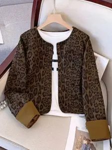 New Leopard Print Womenswear Fitted Long Sleeve Jacket Coat Spring Autumn Faux Fur Outerwear, Stylish Women's Fashion Top for Casual Wear