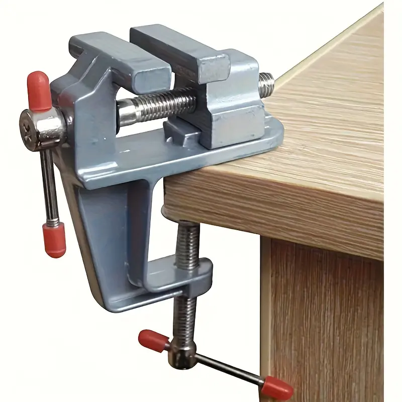 Compact Aluminum Vise - Adjustable Clamp, Sturdy Metal Structure, User-Friendly Red Handle Design, Secure Grip for Projects, Electronics