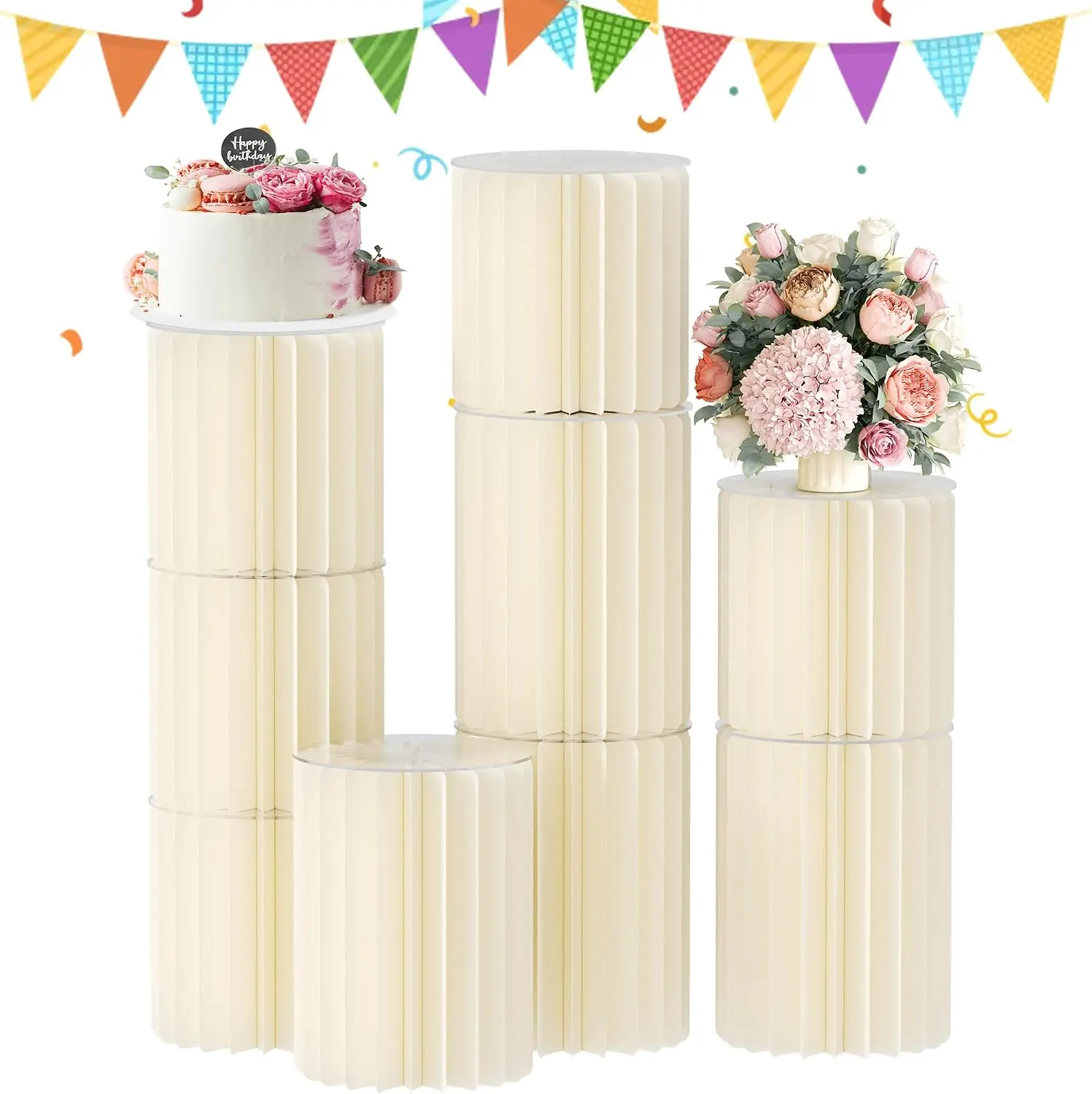 Cylinder Stands for Party, 8PCS Cake Pedestal Stands for Parties, Foldable Cardboard Pillars with Acrylic Disc, Cilindros para Fiestas Redondos Blancos for Birthday Wedding Decor, White