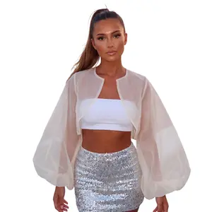 Women's Sheer Mesh Shrug Organza See Through Bolero Cardigan Crop Puff Long Sleeve Open Front Shawl Capes Lightweight Top