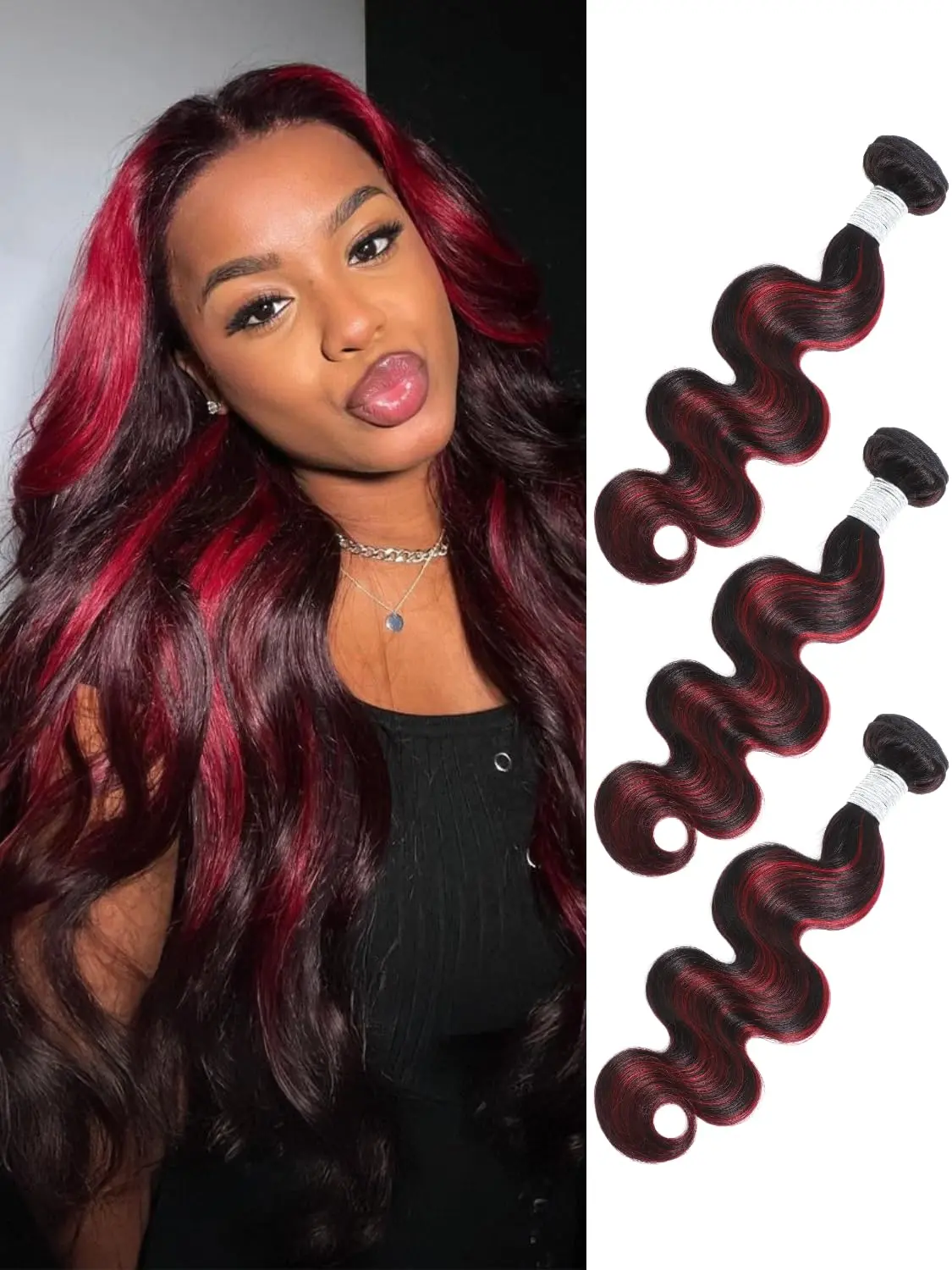 ALHER Hair Bundles 99J Burgundy Highlight Body Wave, 12A Virgin Brazilian Remy Human Hair Extensions with Ombre Blend, 3 Bundles 20 22 24 Inch, Virgin Hair