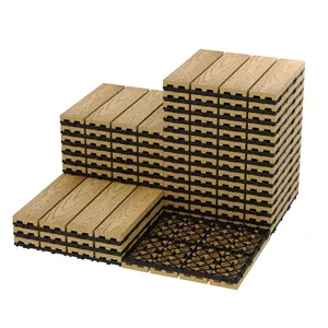 27 PCS Interlocking Deck Tiles, 12x12 Inch Waterproof Patio Flooring, Composite Wood for All-Weather Outdoor Use on Poolside, Balcony, Backyard, Porch & Garden, Easy DIY Installation,Teak