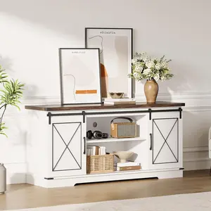 Farmhouse TV Stand for TVs Up to 65", Rustic Entertainment Center with Sliding Barn Doors, Cabinet with Barn Doors, Wood Media Console for Living Bedroom