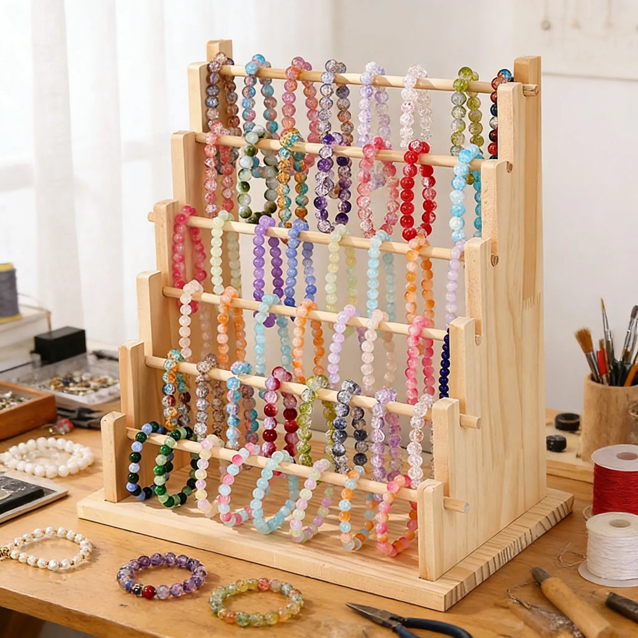 6-Tier Wooden Bracelet Holder Stand - Natural Wood Jewelry Display Storage Rack for Rings, Bracelets, Bangles & Necklaces, Ideal for Retail & Home Organization, Home Organizers, Versatile Adjustable Organizer
