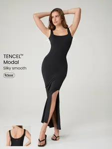GLOWMODE Modal Silky Smooth Full Underarm Slim Fit Silhouette Side High Slit Dress Daily Casual Wear Removable Cups