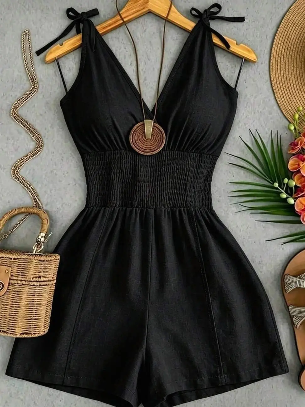 Women’s Solid Color Pleated Shirred Romper - Casual Daily Wear One Piece Outfit For Women - Summer Vacation Beach Travel Brunch Weekend Relaxed Chic Comfortable Playsuit