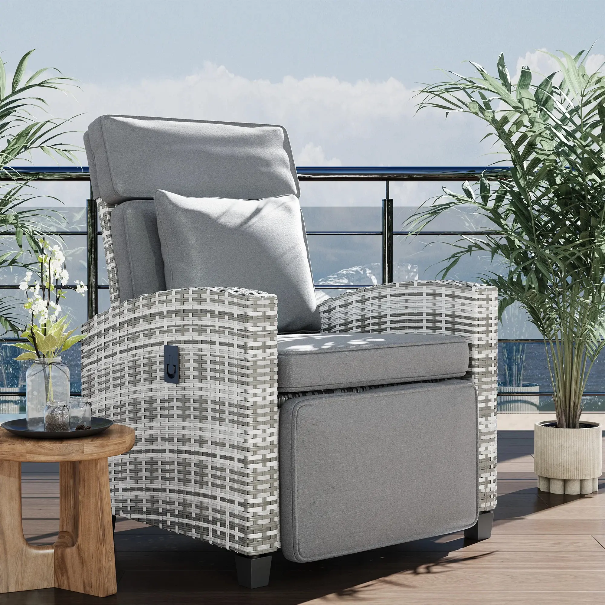 Garvee Outdoor Recliner Chair with Adjustable Backrest and Footrest, 150° Lay Flat, Rattan Patio Recliner with Air Pump, Flip-Up Table, and Removable Cushion for Comfort