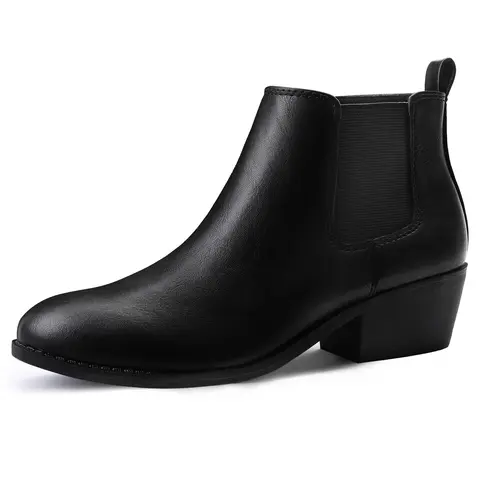 Women's Minimalist PU Leather Round Toe Low Cuban Heel Ankle Booties - Stylish Footwear with Side Zip, Plain TPR Sole, Bedroom-Ready Wear, Walking Shoes for Back to School