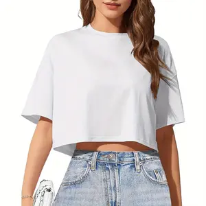 Women's basic cropped top, drop-shoulder T-shirt, short-sleeved, round neck, casual summer solid color cropped top