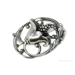 Antique Floral Sterling Silver Brooch Pin 2.5"