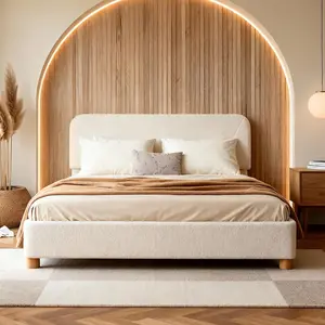 BERRY NEST Queen Size Boucle Bed Frame, Upholstered Cloud Bed Frame with Comfortable and Adjustable Headboard, Solid Wood Legs, Rounded Corners Design & Easy Assembly – Modern Cream Platform Bed, No Mattress, No Noise, Full