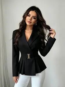 A women's fashion black waist-cinching blazer with belt, Long Sleeve, featuring a classic black color that is versatile, Elegant, Chic and flattering for all body types. Perfect for office wear, shopping, and casual outings both indoors and outdoors