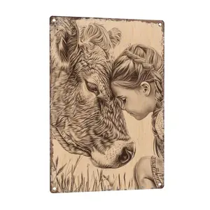 Girl And Highland Cow Aluminum Metal Sign - 8x12 Inch Retro Vintage Wall Decor for Farmhouse, Nursery, Kids Room - Cute Farm Animal Gift