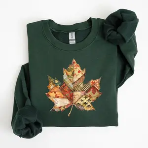 Retro Patchwork Fall Leaf Sweatshir, Cozy Autumn Crewneck, Vintage Fall Aesthetic Sweater, Pumpkin Season Outfit, Spooky Cozy Gift for Women