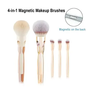 Magnetic 4-in-1 Makeup Brush Set | Soft Fluffy Powder Blush & Eyeshadow Brushes | Beginner-Friendly Travel Beauty Essential