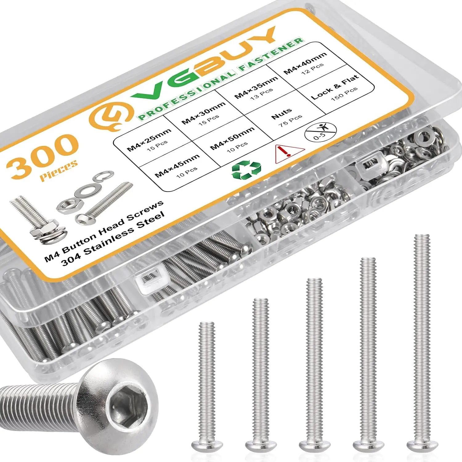 300pcs M4 Screws Assortment, M4 Screws Bolts for 3D Printer DIY, Hex Button Head Cap Screw Bolts Nuts Washer Kit, 304 Stainless Steel, 25/30/35/40/45/50mm