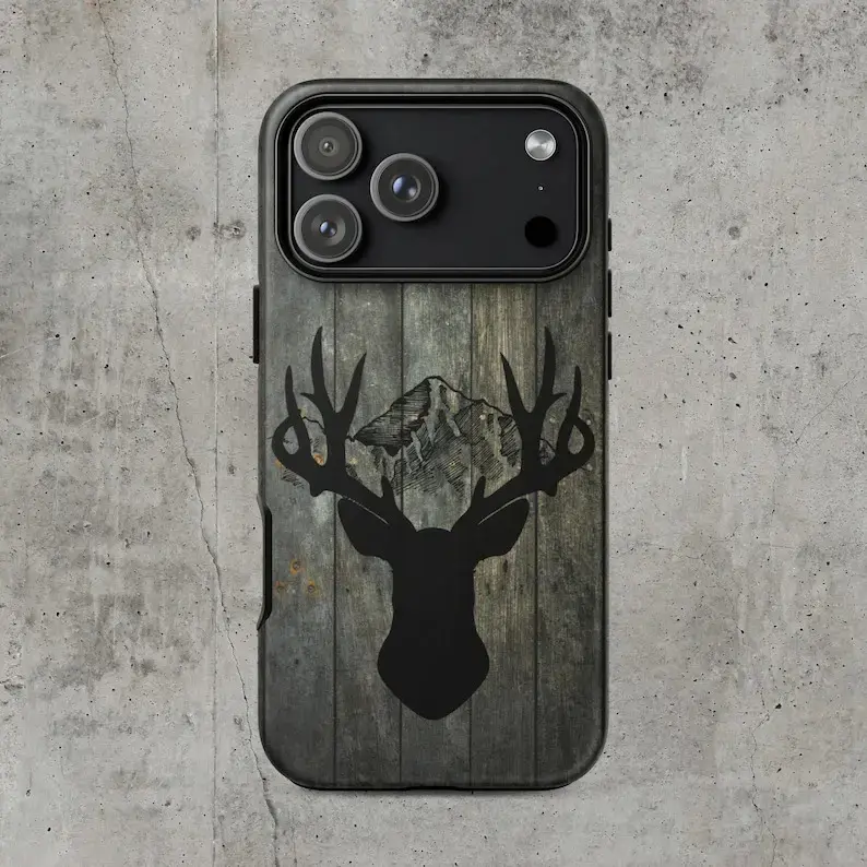 Rustic Mountain Deer Tough iPhone Case, Elk Antlers, Gifts For The Outdoorsman Custom Fit for iPhone 17, 16, 15, 14, 13, 12, 11 Pro Max Plus. Nature Core Cabin Aesthetic Durable Hard Shell