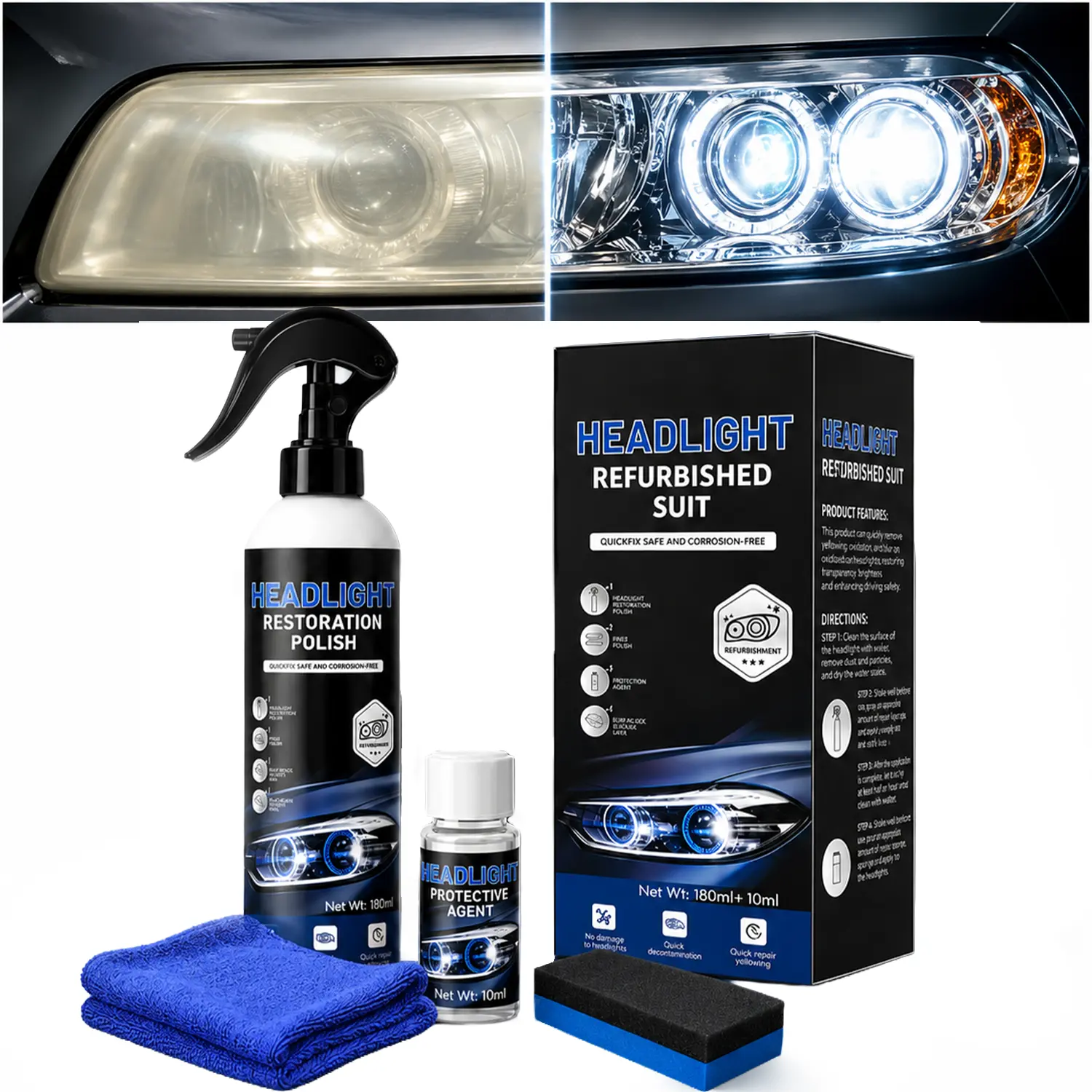 Car Headlight Restoration Kit, Headlight Polish Spray with Protective Coating, Headlight Cleaner for Yellowing & Oxidation Removal