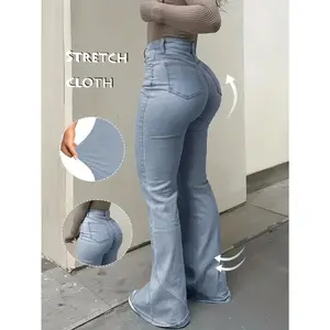 ' Retro Y2K Slim-Fit Mid-Rise Wide- Bell-Bottom Jeans - Light Blue Flare Pants Suitable for Party/Office/Daily Wear, Beltless Design with Internal Zipper Closure, Machine-Washable Solid Color Jeans