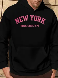 NEW YORK BROOKLYN04 Print Hoodie - Long Sleeve, Knit Fabric, Relaxed Fit, Full Size, Fashionable Graphic Print, Perfect for Casual Outings and Daily Wear, Black White Red Grey Navy Breathable Cloud
