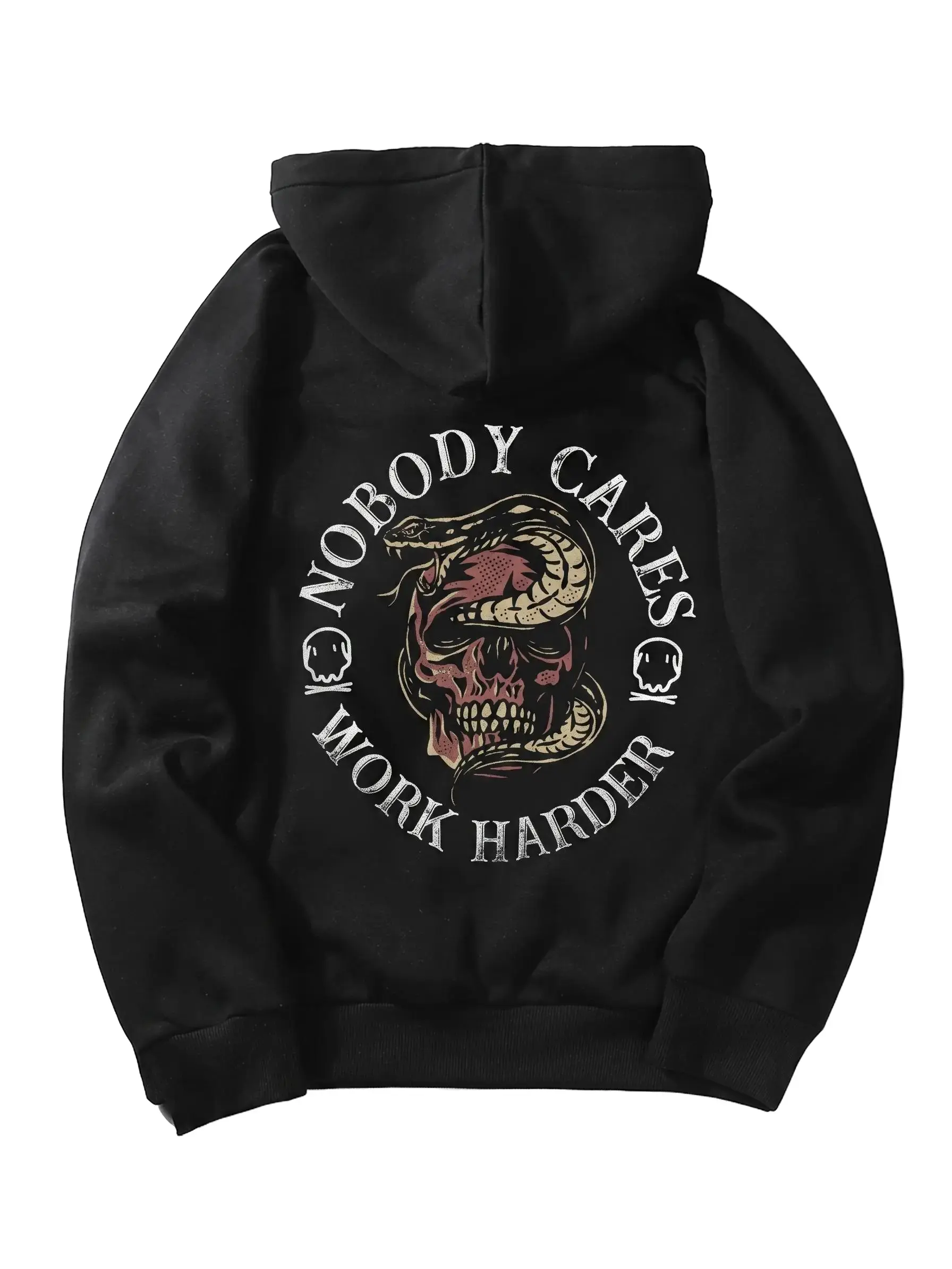 Men's Classic Soft Long Sleeve Pullover Hoodie - Black Sports Sweatshirt with "Nobody Cares, Work Harder" Snake-Wrapped Skull Print, Menswear Streetwear Top Crewneck Clothes