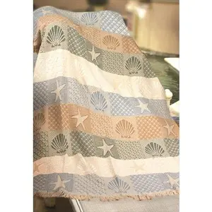 212 MAIN Warm Striped Throw Blanket - 2-Layered Jacquard Weave Textile, 46x60 in, Seashell Motif, Fringe Edges, Warm Throw Blanket