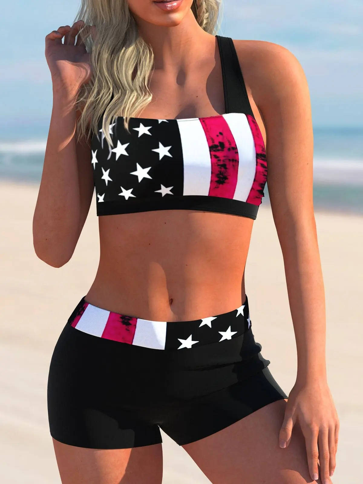 Women's 2-Piece Bandeau Tankini Swimsuit - Wide Adjustable Strap Square Neck Crop Top, High Waist Quick Dry Boyshort, Multi-Print Modest Swimwear for Beach, Pool
