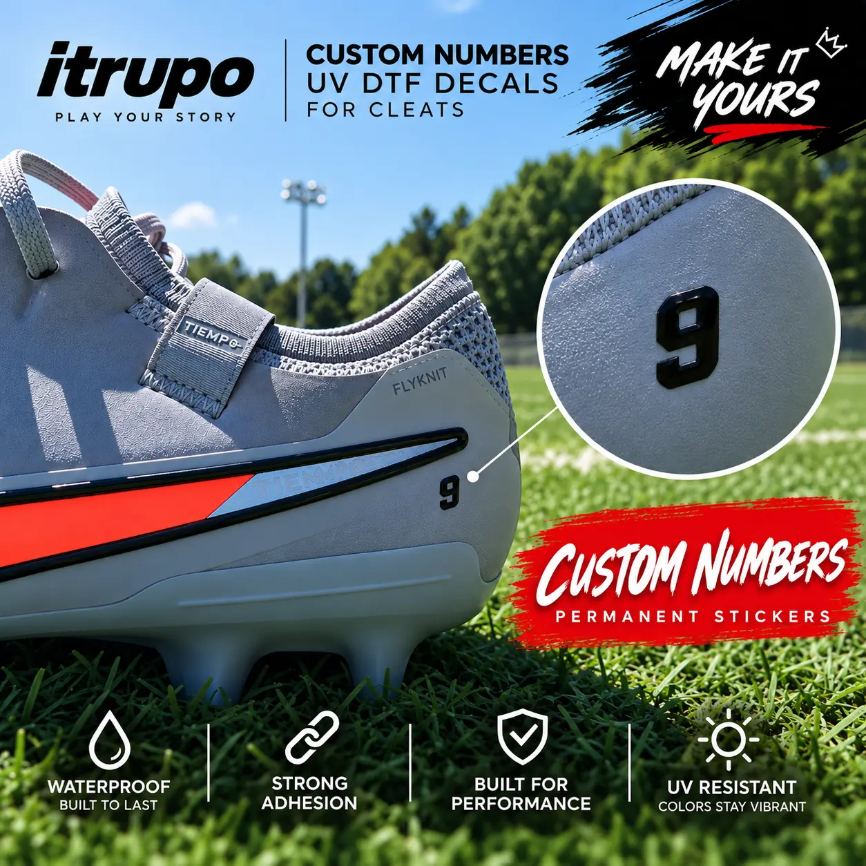 UV Cleat Number Sticker Pack (2-Pair Set, 2 Stickers) - Custom Designs for Cleats, Durable UV Transfer Technology, Waterproof Sports Footwear Accessory for Game Days to Express Identity on Field