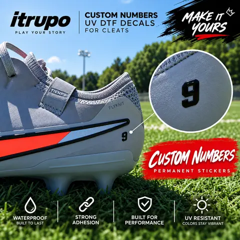 Customizable UV Cleat Number Decal Sticker Pack (2-Pair Set, 2 Stickers) - Durable UV Transfer Tech, Waterproof & Game-Ready Number Print Sports Shoe Accessories to Express Your Identity on the Field