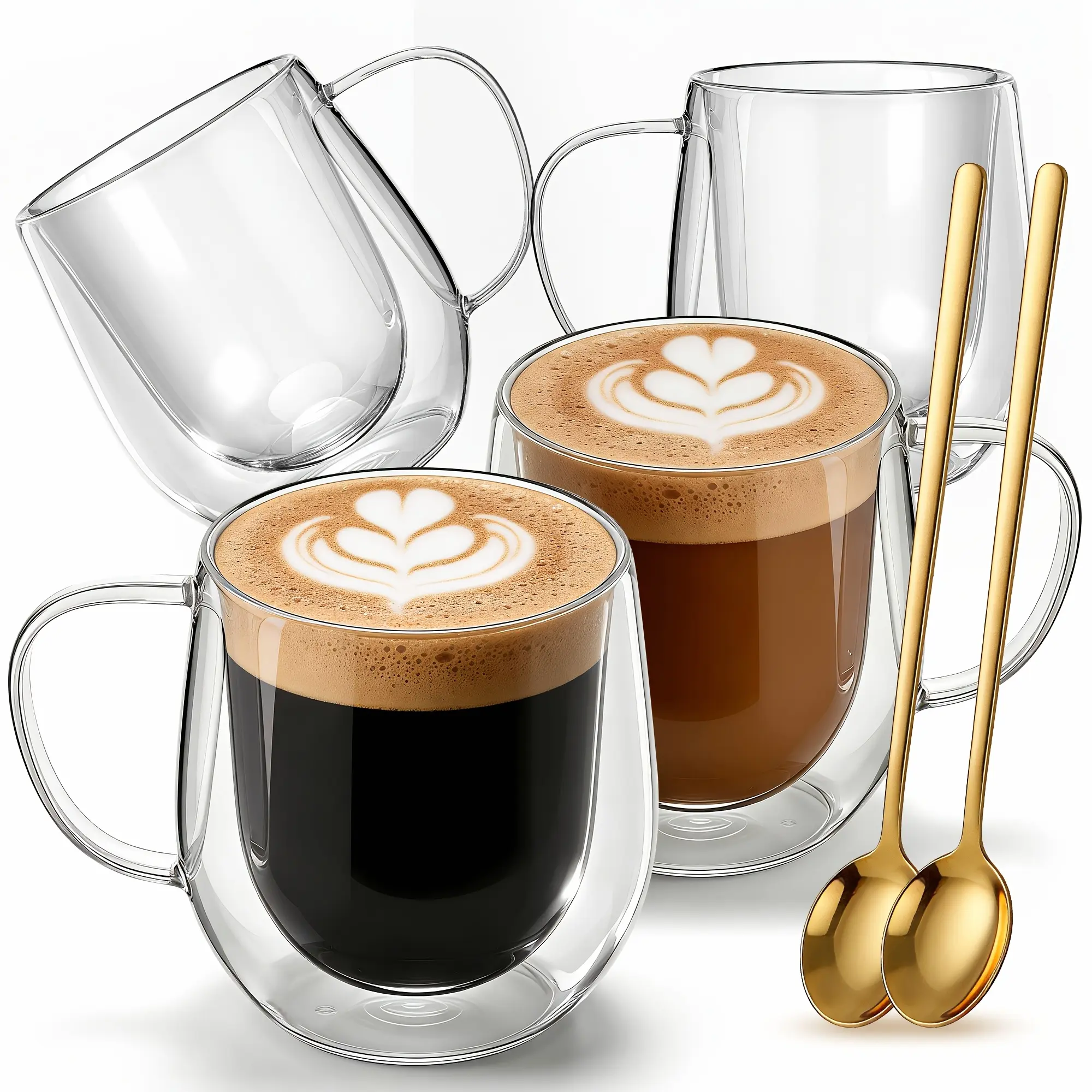 Collection of 2/4pcs Coffee Mugs, Transparent Glass Cup with Spoons, Large Capacity, Espresso Mug Set, Latte Mug, Americano Cappuccino Mug, Latte,Breakfast Cup, Milk Cup, Durable& Easy to Clean,350ml/11oz