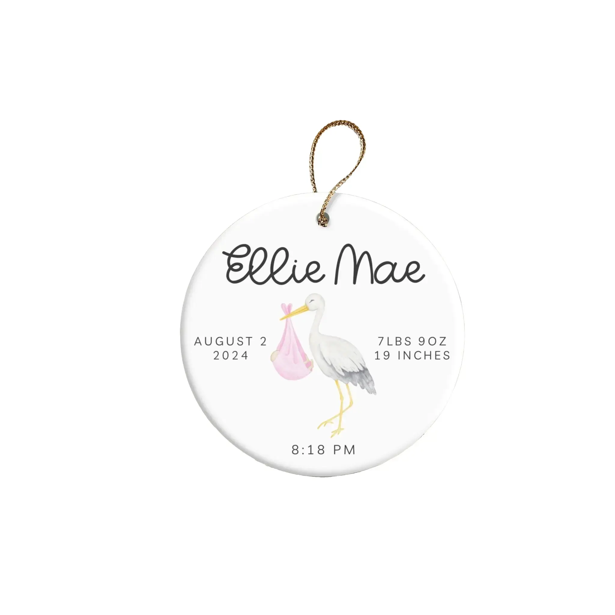 Newborn Baby Birth Stats Ornament of Stork for Girl