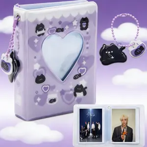3 Inch Mini Photocard Album Kpop Photocard Binder, Catcan Photo Card Holder Book 40 Pockets With Black Cat Pendant, Love Heart Hollow Out Photocard Binder For Collecting Picture (Purple Black Cat)