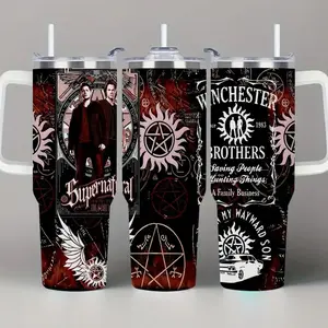 1 Piece Lyrichard 40 oz < Supernatural >   TV Series Inspired Thermos Cup - Retro Winchester Brothers Design (With Handle, Leak-Proof Double-Wall Insulation, Can Keep Drinks Hot or Cold for a Long Time, 304 Stainless Steel Travel Cup