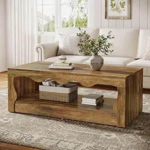 LITTLE TREE Rectangle Coffee Table, 47.24-Inch Farmhouse Coffee Tables for Living Room, 2-Tier Wooden Rectangular Accent Center Low Cocktail Tea Table with Open Storage Shelf, Rustic Brown