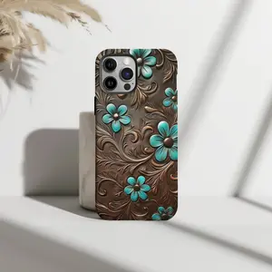Western Turquoise Floral Tooled Leather Style Case for iP Phone 17 16 15 14 13 12 11 Pro Max Plus X XR XS - Boho Country Chic 3D Effect Print Cover 🌵💎✨