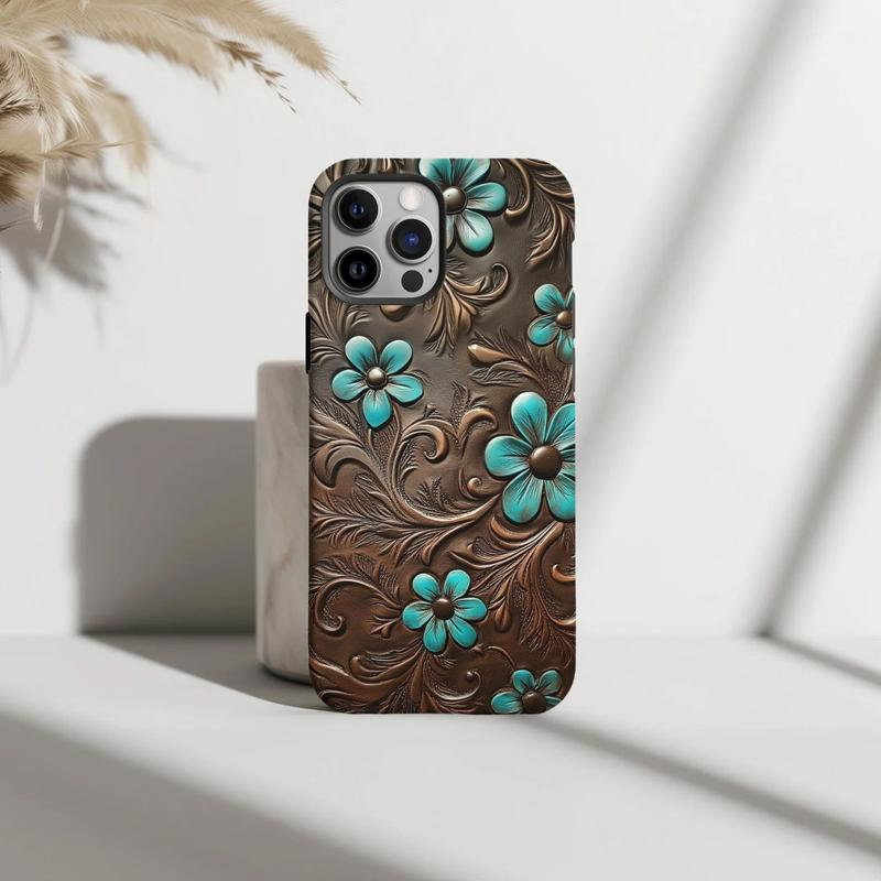 Western Turquoise Floral Tooled Leather Style Case for iP Phone 17 16 15 14 13 12 11 Pro Max Plus X XR XS - Boho Country Chic 3D Effect Print Cover 🌵💎✨