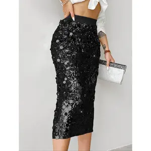 Women's Glitter   Sequins Midi Skirt, Elegant Fashion Skirt for Party Club Dating, Ladies Summer Clothes Black Fitted