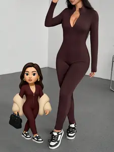 Women's Sexy Stand Collar Jumpsuit, Adjustable Zipper, Long Sleeve, High Waist, Deep, Fitted, Plain Design, Casual All Seasons, Casual Jumpsuits