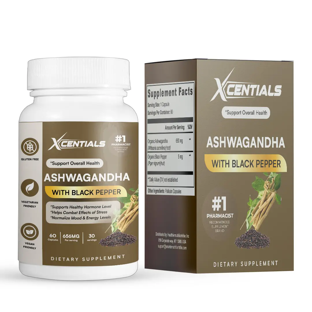 Xcentials Ashwagandha with Black Pepper 150mg 20:1 Extract for Stress Relief & Focus Support Non-GMO Vegetarian Capsules